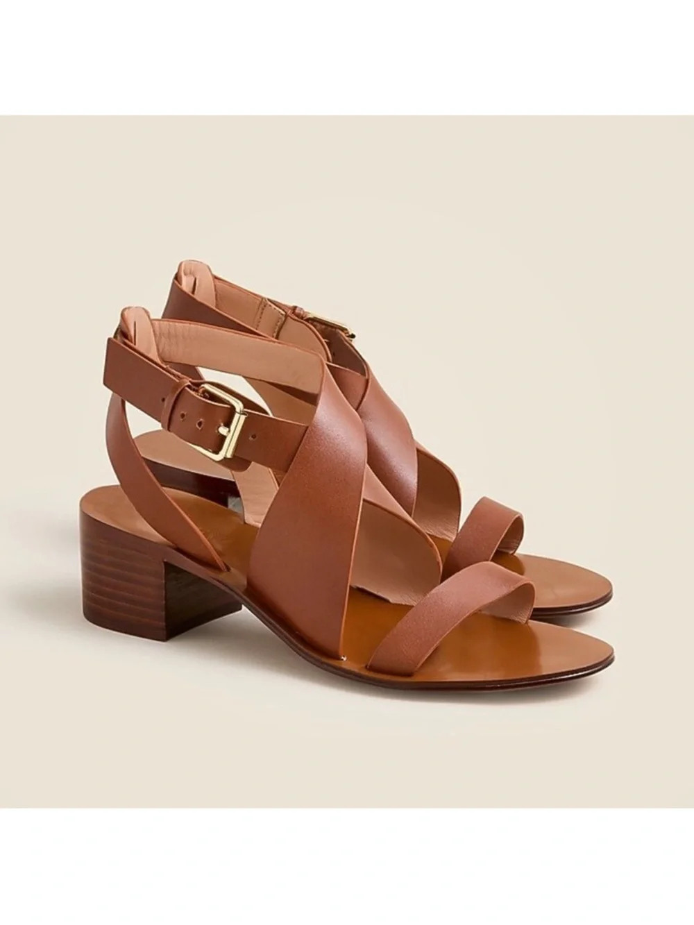 J Crew Cross-strap block-heel sandals in leather Brown Travel Vacation Wedding